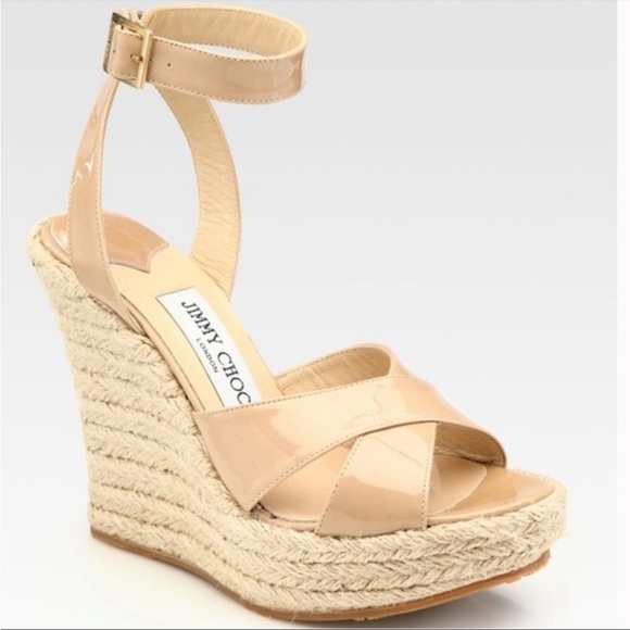 Jimmy Choo Phoenix Espadrille Wedges Patent Leather Nude Size 10 - Picture 12 of 12